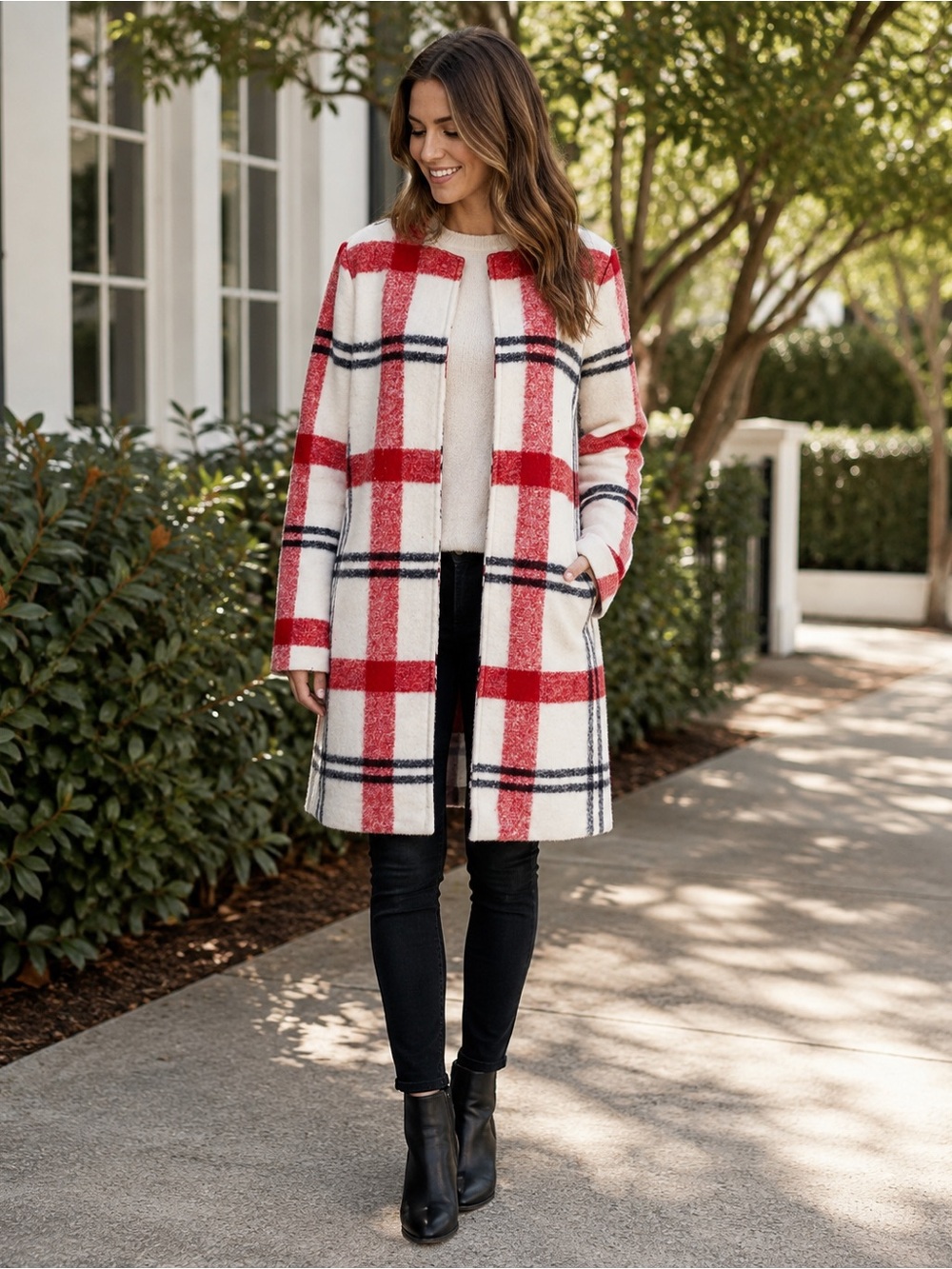🔹 Cynthia Rowley Plaid Wool Coat Size S | Red White Navy Longline Jacket
